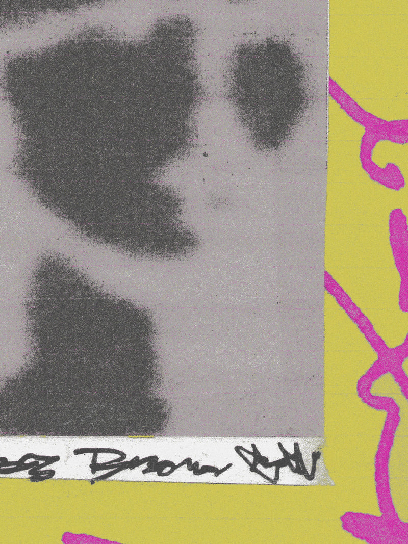 Abstract art with black and gray shapes on a yellow background with pink graffiti lines. 