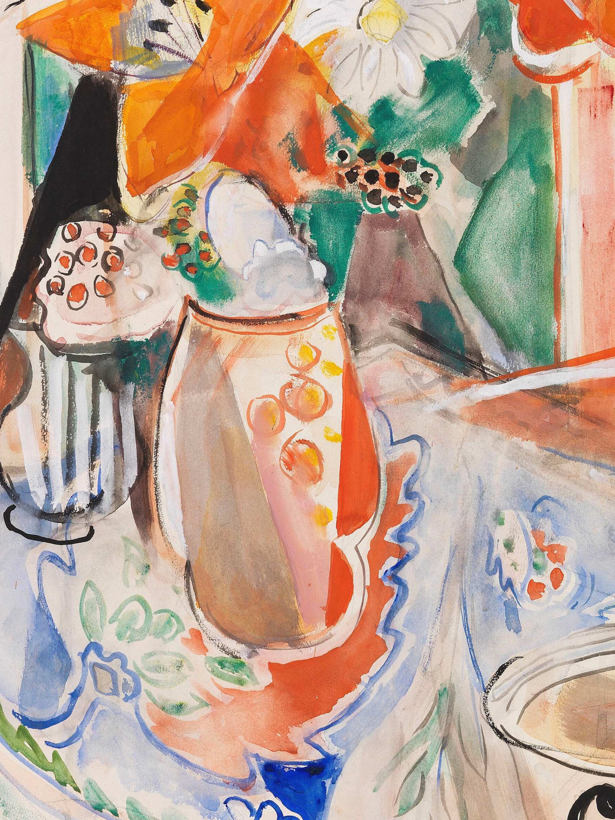 Oskar Moll - Blumenstillleben mit Schüssel und gestreiftem Krug