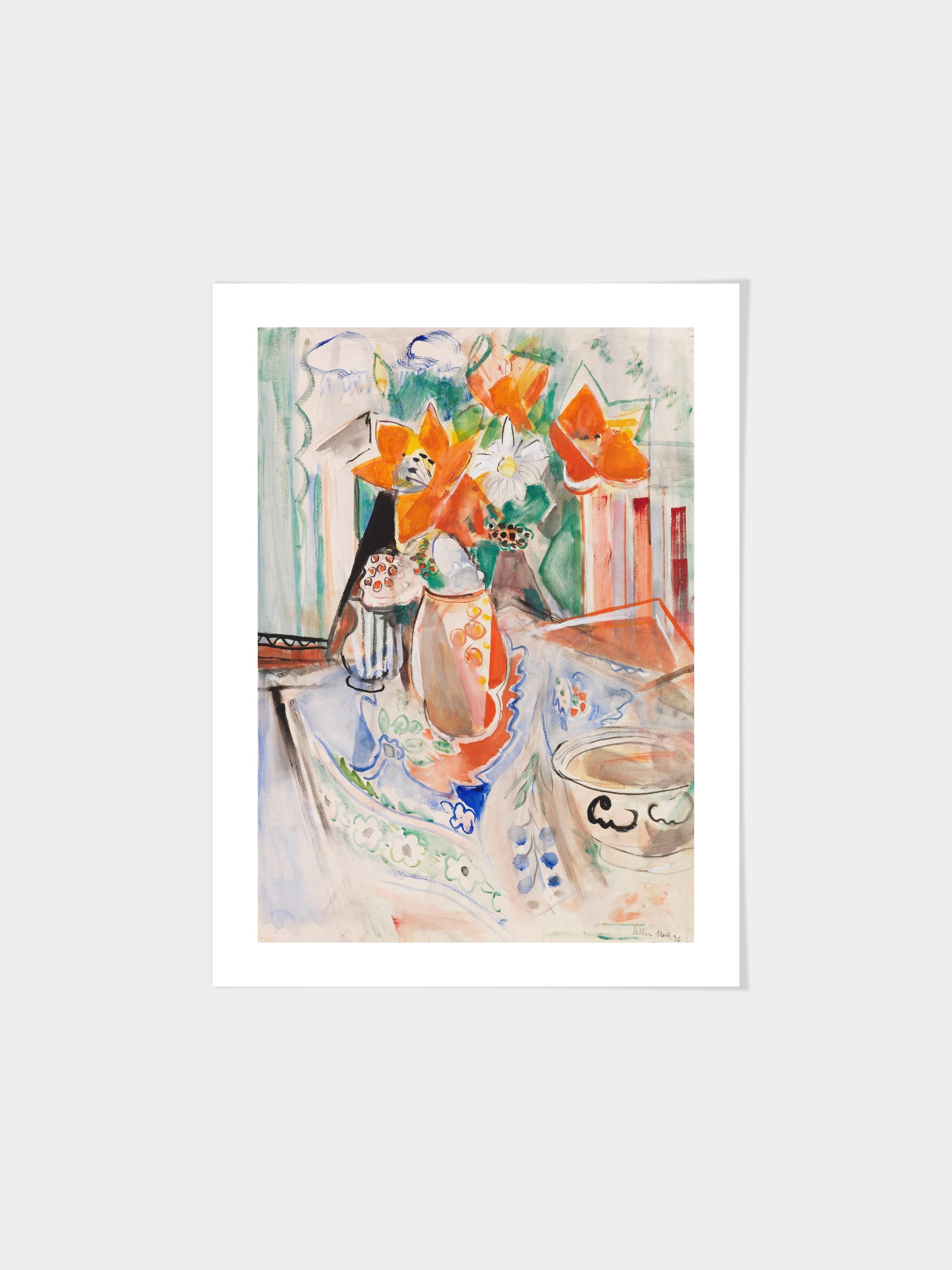 Oskar Moll - Blumenstillleben mit Schüssel und gestreiftem Krug