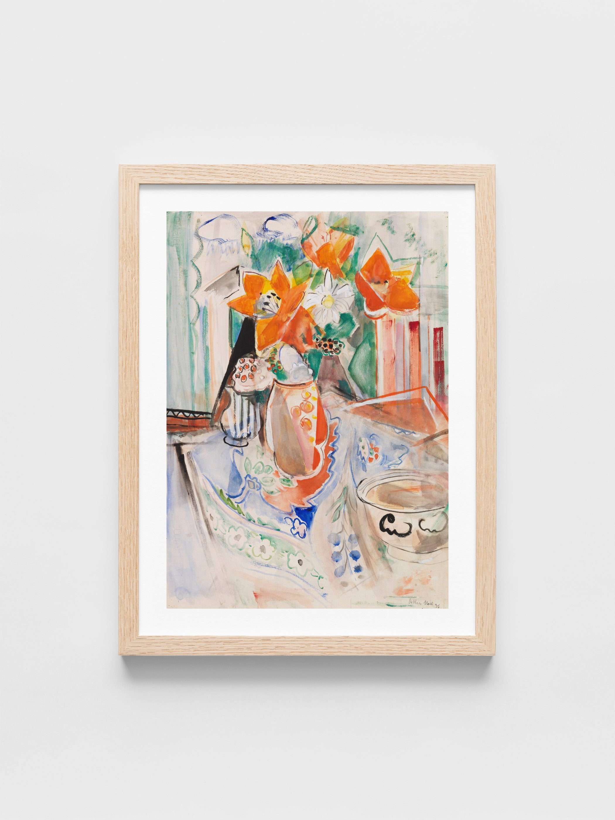 Oskar Moll - Blumenstillleben mit Schüssel und gestreiftem Krug
