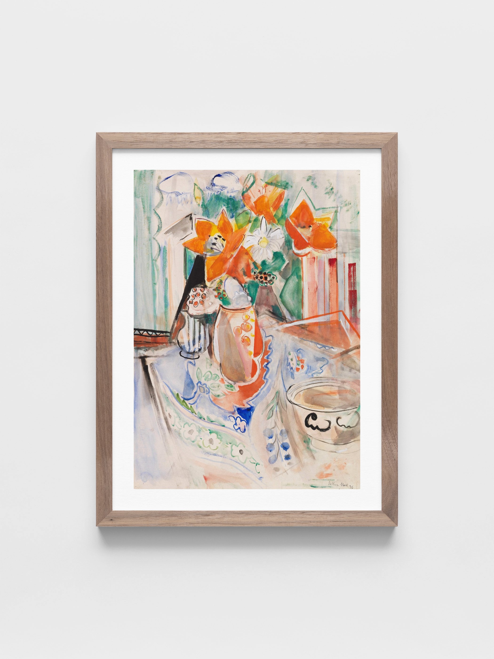 Oskar Moll - Blumenstillleben mit Schüssel und gestreiftem Krug