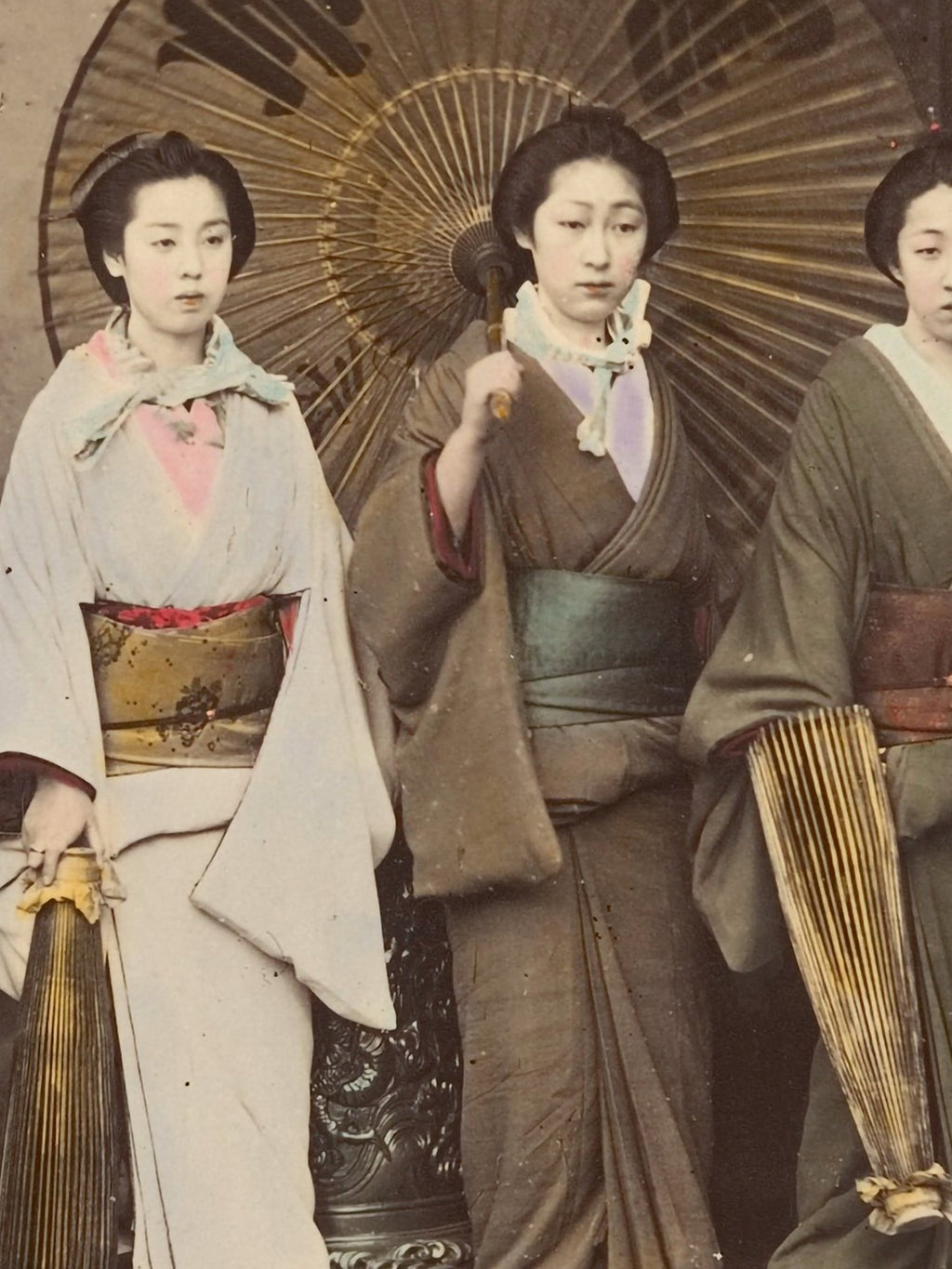 Five Japanese Women in Traditional Dress with Parasols