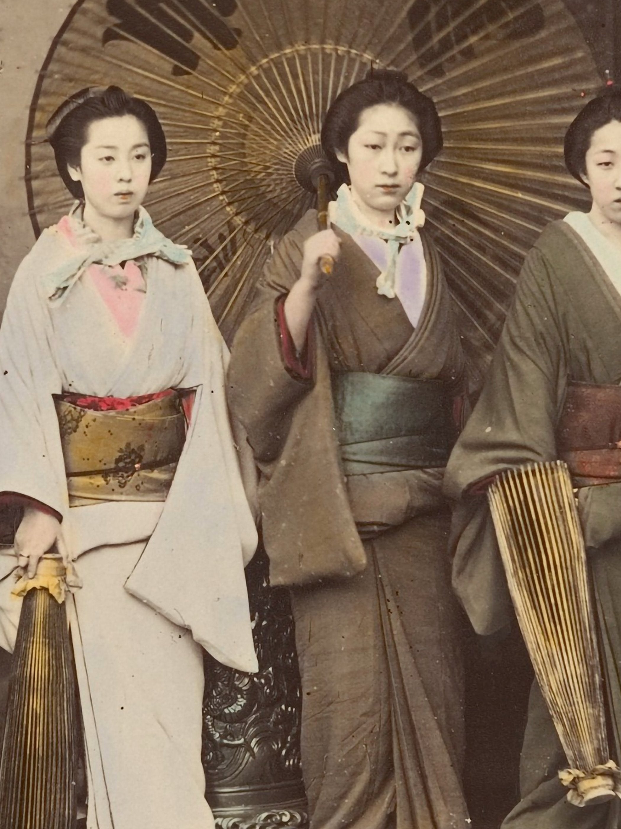Five Japanese Women in Traditional Dress with Parasols