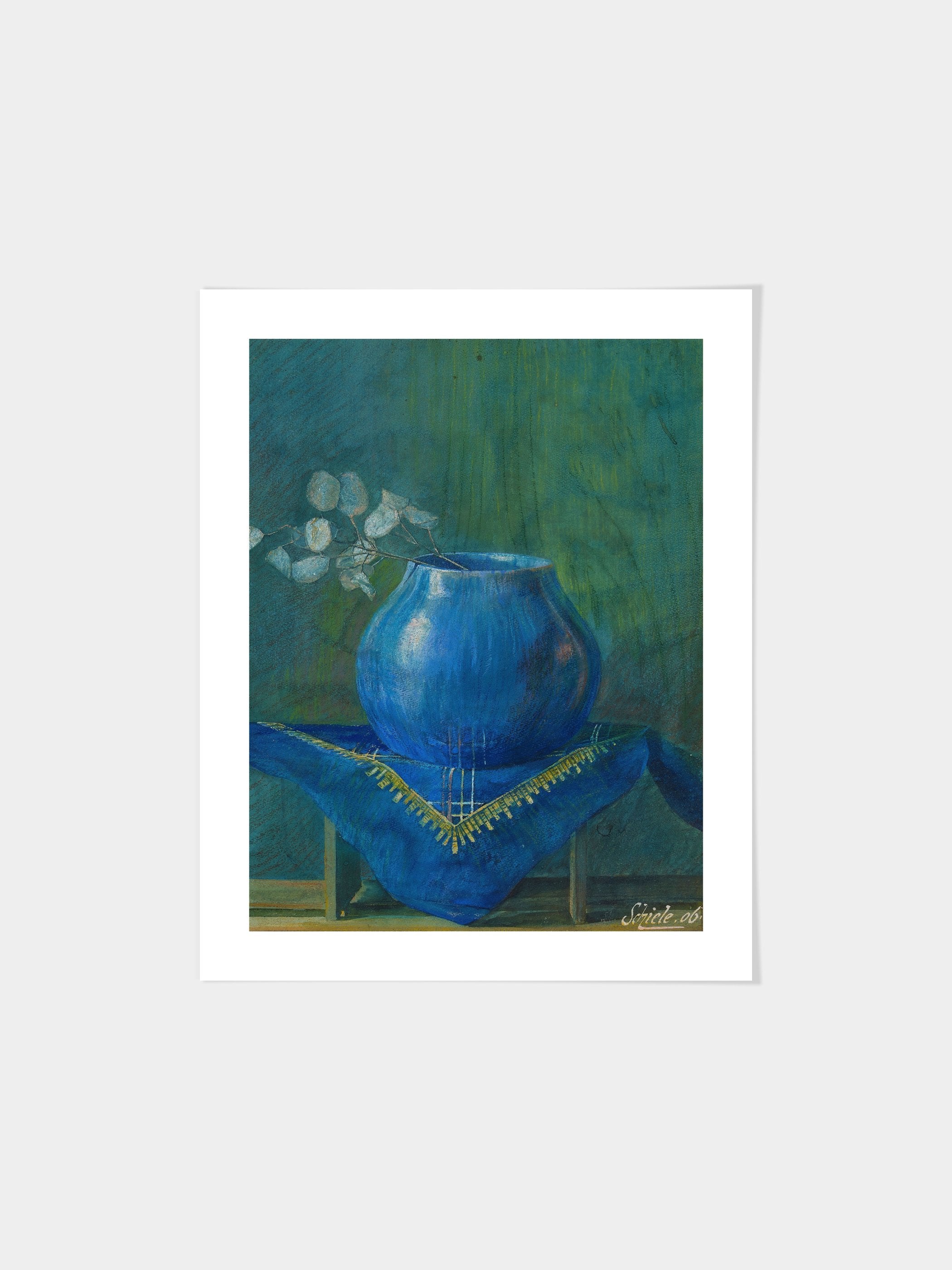 Still Life of a Moneyplant Branch in Blue Vase