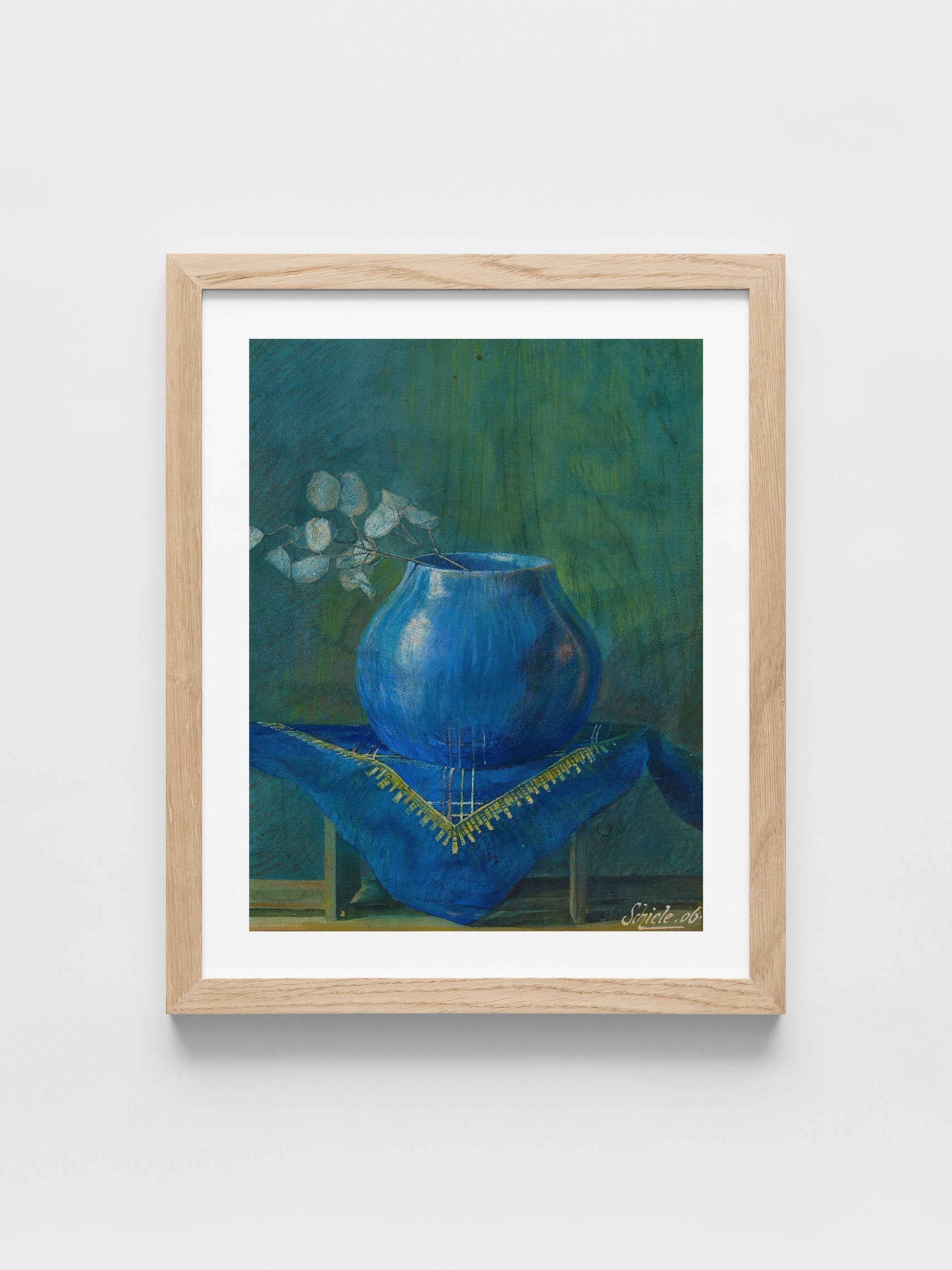 Still Life of a Moneyplant Branch in Blue Vase