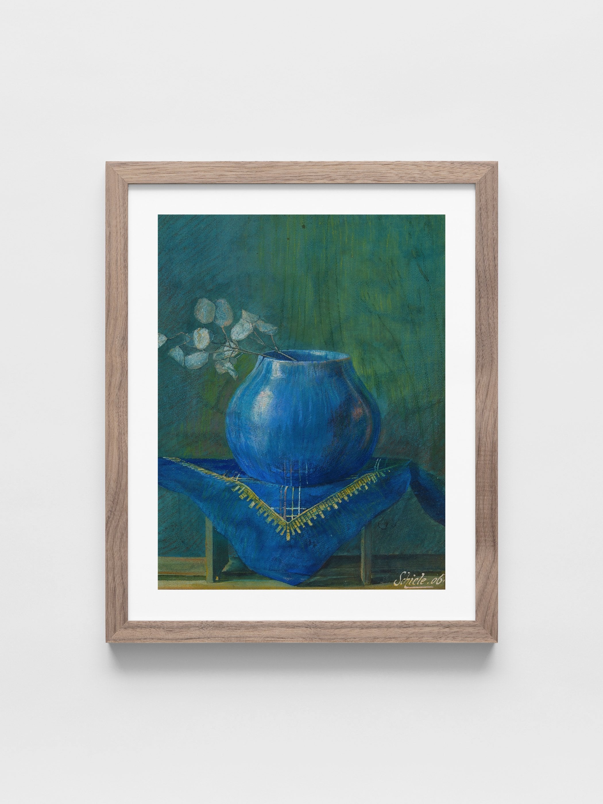 Still Life of a Moneyplant Branch in Blue Vase