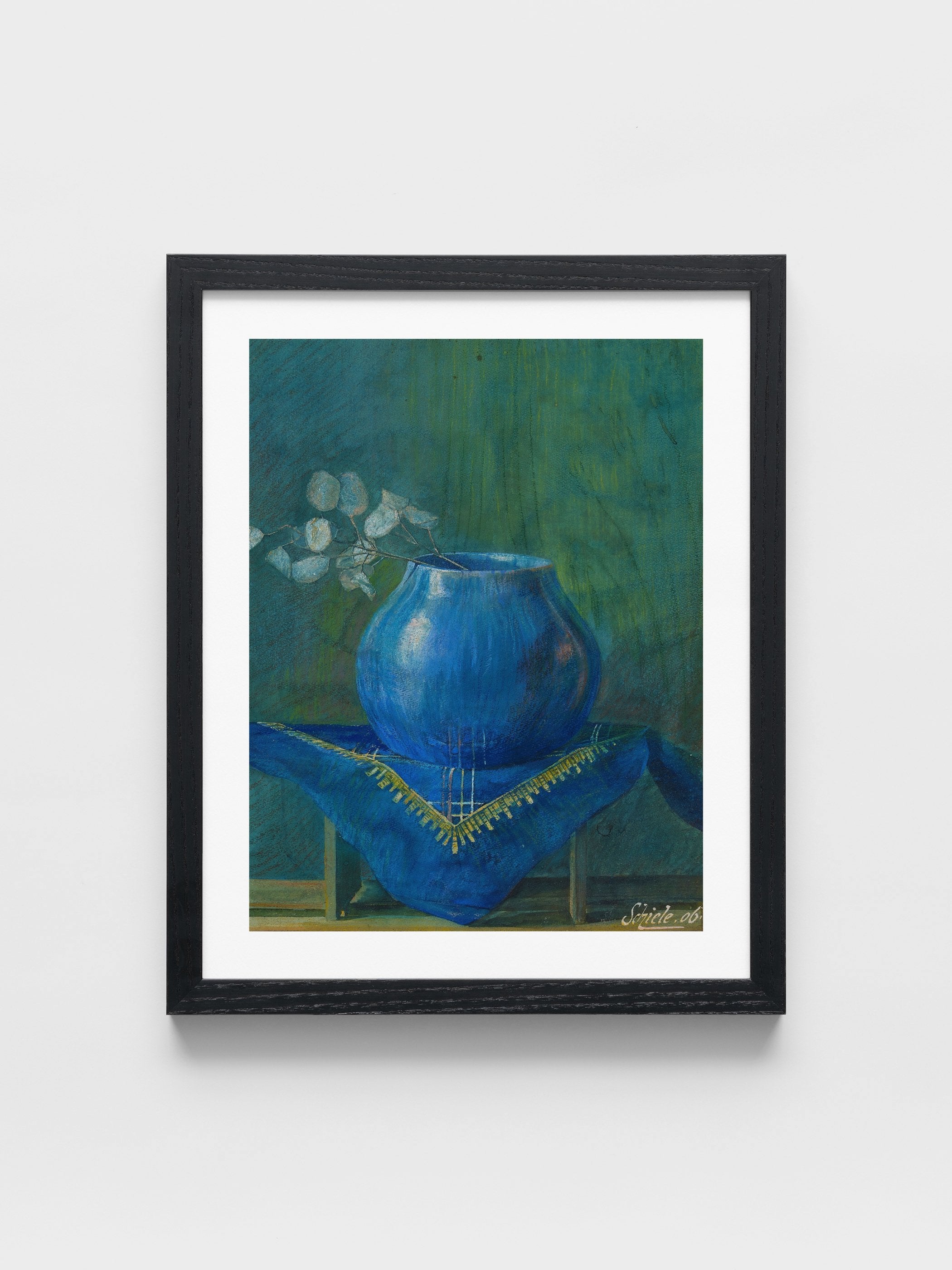 Still Life of a Moneyplant Branch in Blue Vase