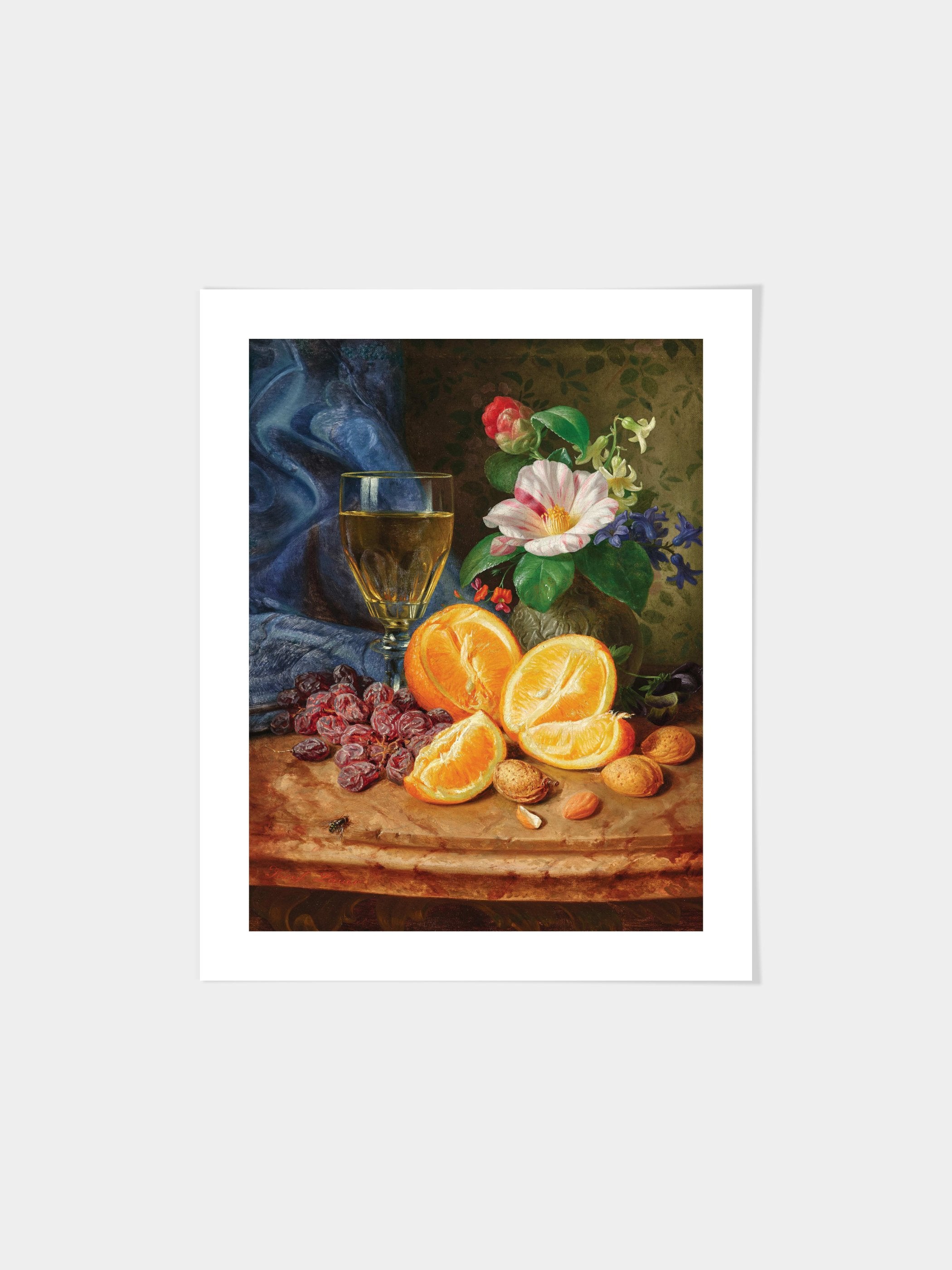 Josef Lauer - Still Life with Oranges, a Wine Glass and Camellias in a Vase