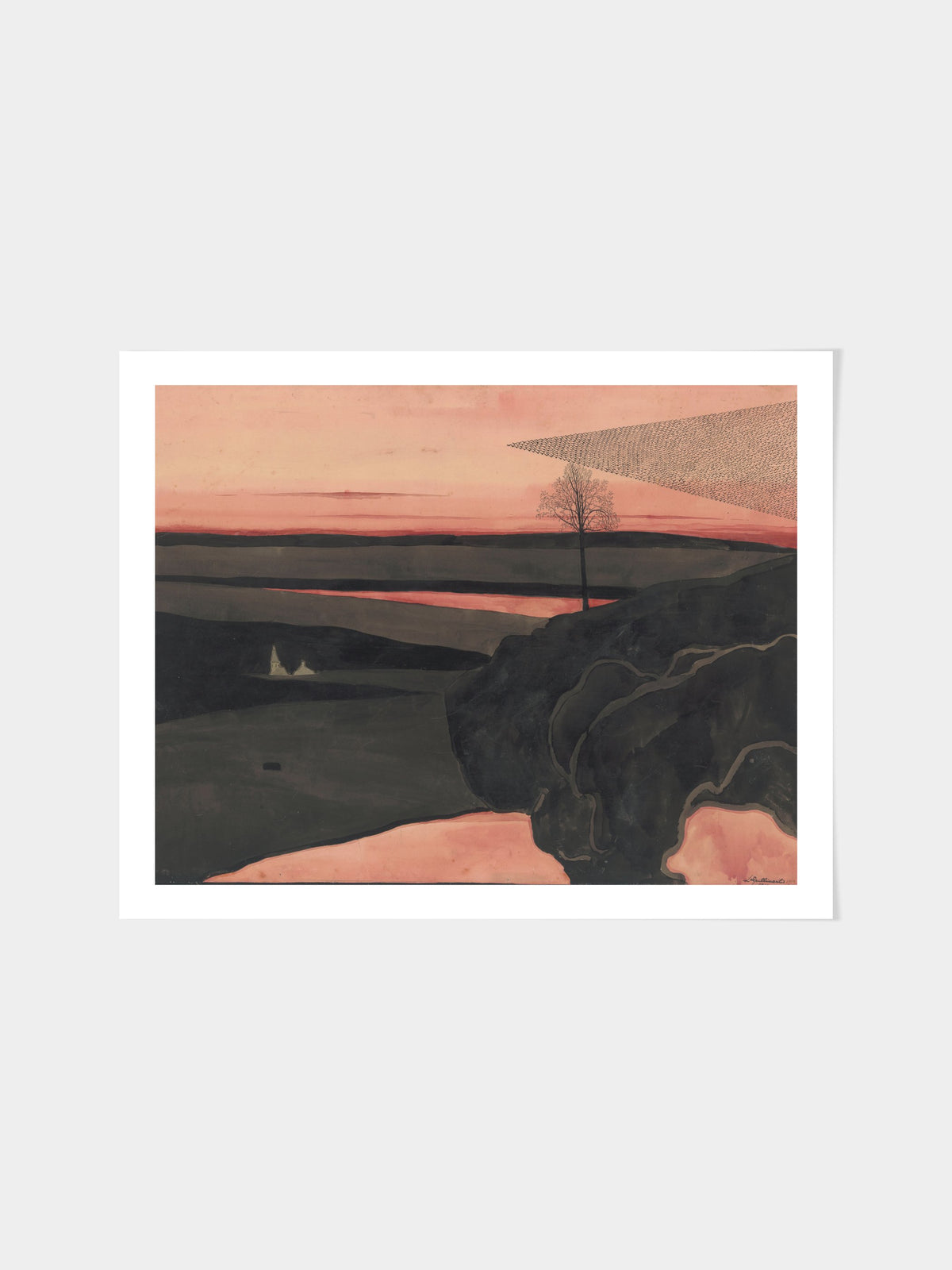 Landscape under a Red Evening Glow with Migratory Birds